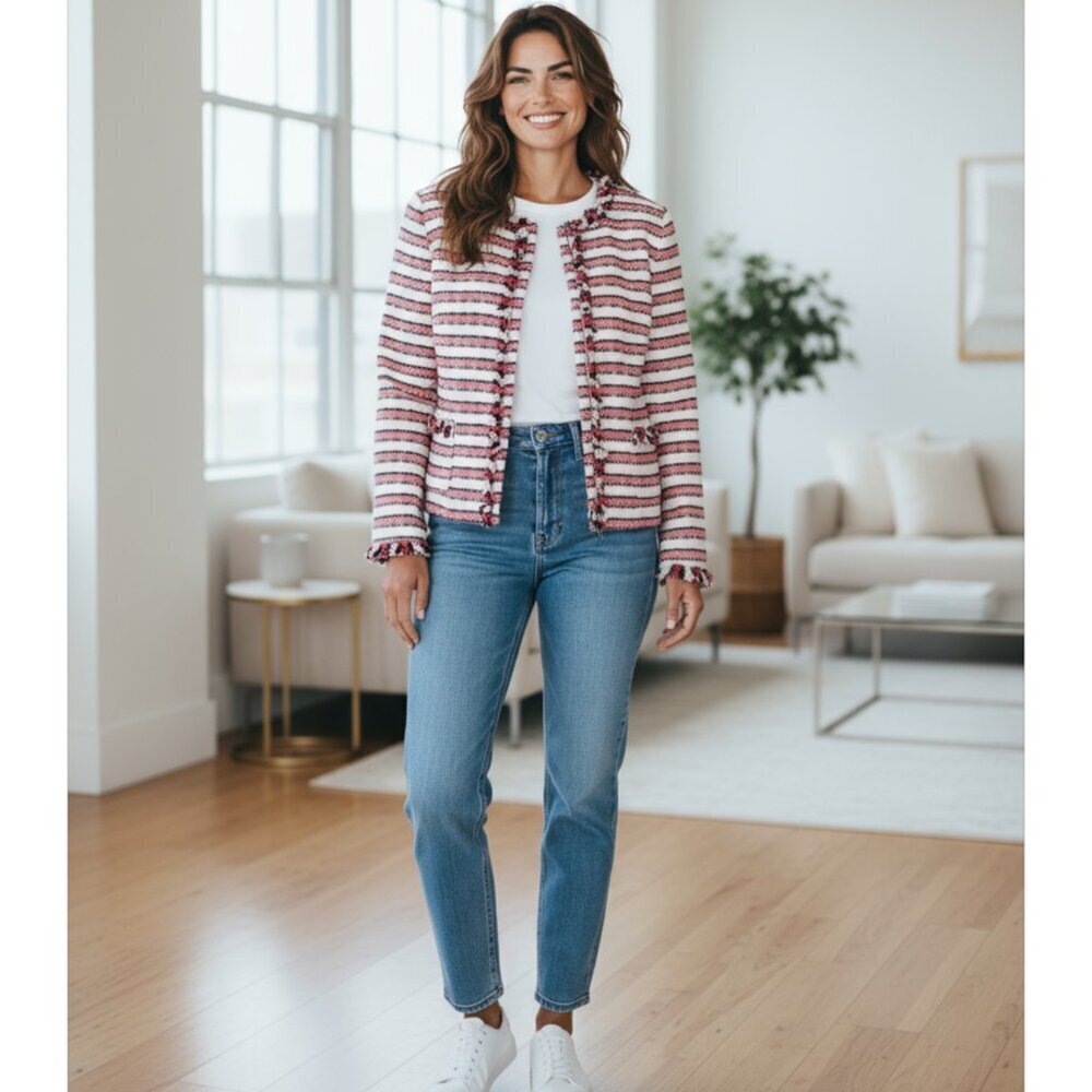TALBOTS Pink/White/Black Stripe Cotton Fringed Zip Jacket Blazer Size 16P 16